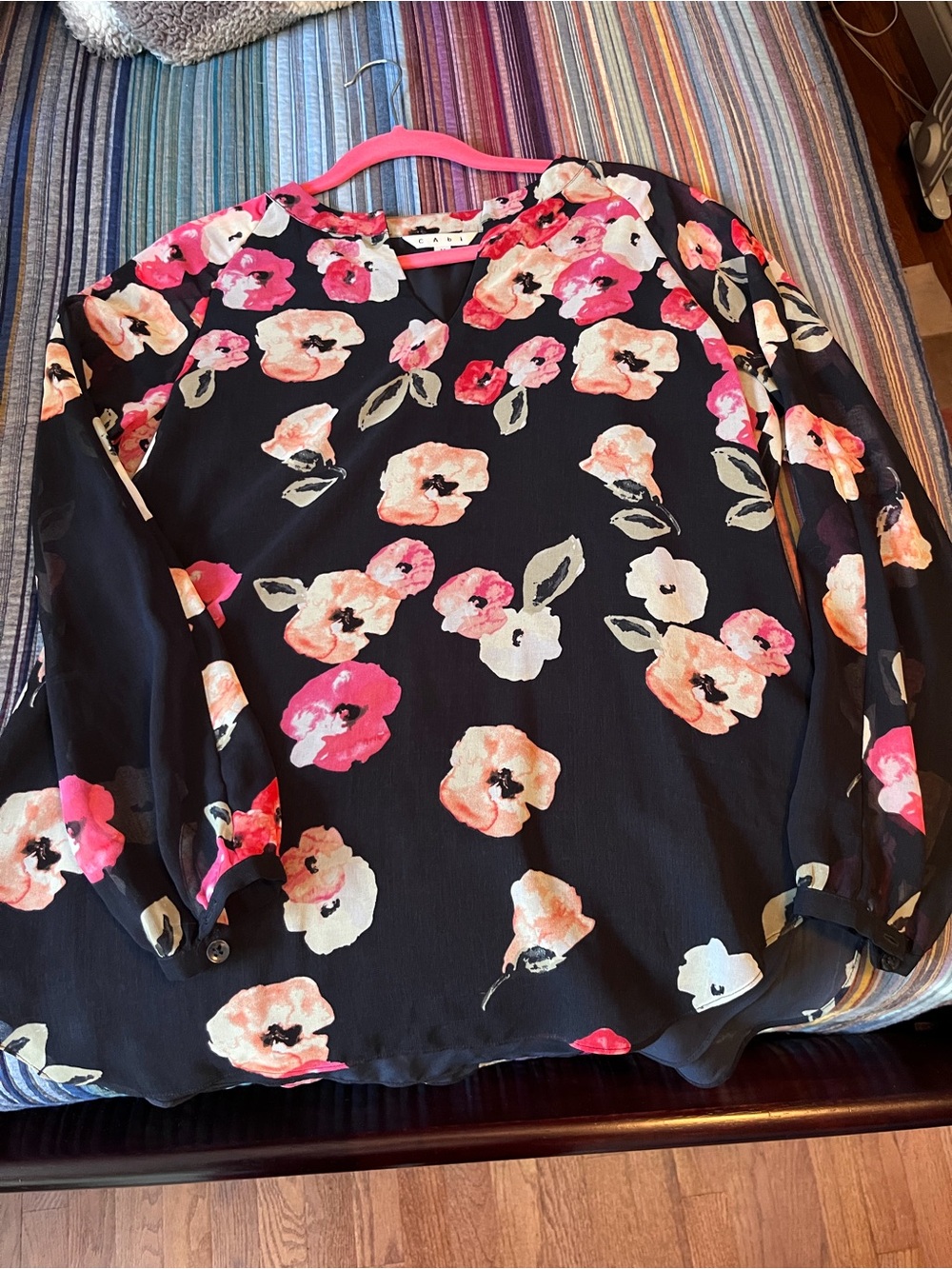 CAbi Black Floral V-Neck Long Sleeve Blouse with Pink & Cream Blooms